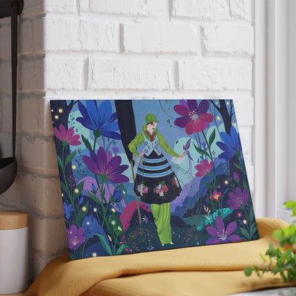 🌙🌸 The Lady Of The Firefly Garden Glass Cutting Board – Art Deco Midnight Floral Fantasy