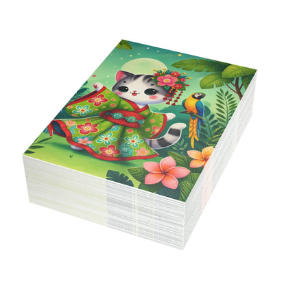 🌺🦜 The Tropical Parrot Kimono Kitten Greeting Card – Whimsical Jungle Elegance