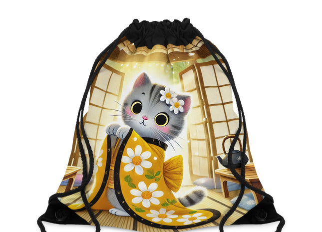 Playful Kitten in the Tea Room Drawstring Bag