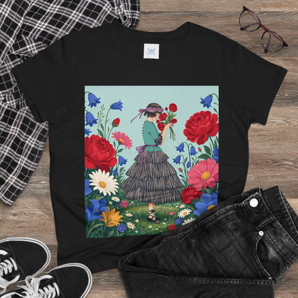 🌹💙 The Rose Bouquet Promenade Cotton Tee – Art Deco Floral Whimsy