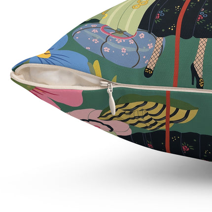 🌸🪞 The Lady Of The Floral Parasol Square Pillow – Art Deco Garden Whimsy