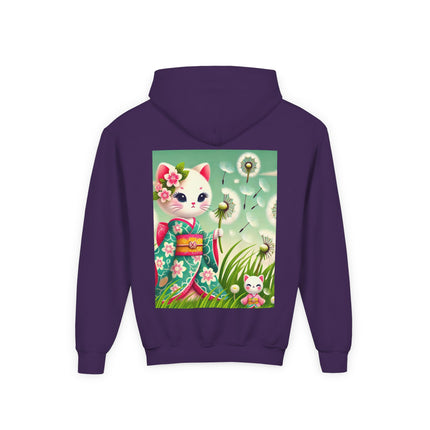 Geisha Kitten and the Dandelion Wish Youth Hooded Sweatshirt – Soft Dreams & Gentle Wonder