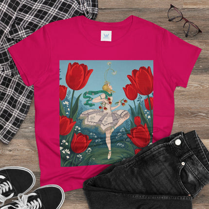 🌷🩰 The Scarlet Tulip Ballet Cotton Tee – Art Deco Floral Whimsy