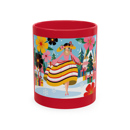 🎄🌸 The Lady Of The Striped Christmas Garden Ceramic Mug – Art Deco Holiday Whimsy