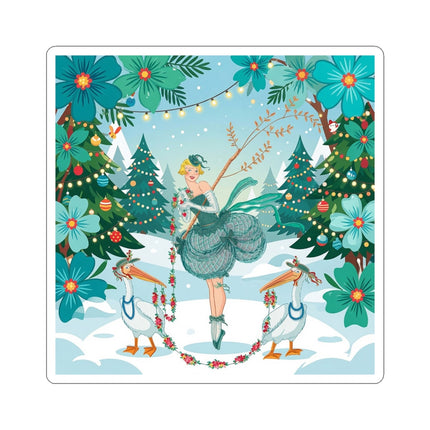 🦩🎄 The Lady Of The Christmas Garland Birds Kiss-Cut Sticker – Whimsical Art Deco Holiday Fantasy