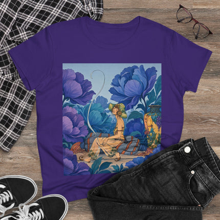 💙🌸 The Lady Among The Blue Blossoms Cotton Tee – Art Deco Floral Reverie