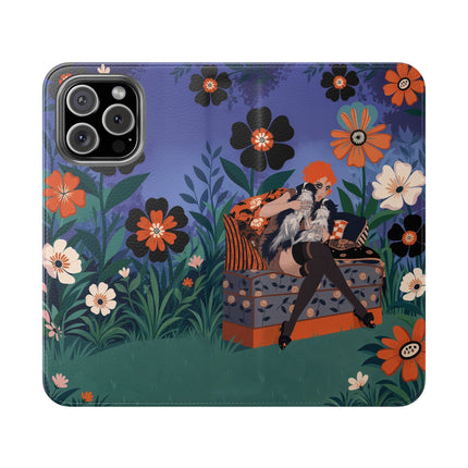 🌺🐈 The Lady Of The Midnight Garden Cat Flip Case – Art Deco Floral Fantasy