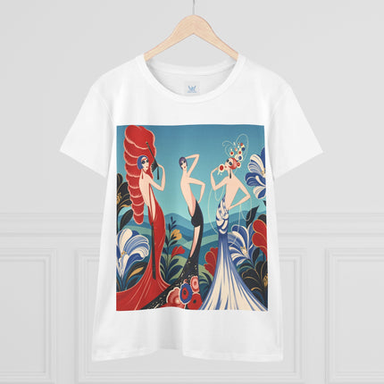 🌹🎭 The Three Ladies Of The Floral Promenade Cotton Tee – Art Deco Fashion Elegance