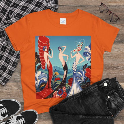 🌹🎭 The Three Ladies Of The Floral Promenade Cotton Tee – Art Deco Fashion Elegance