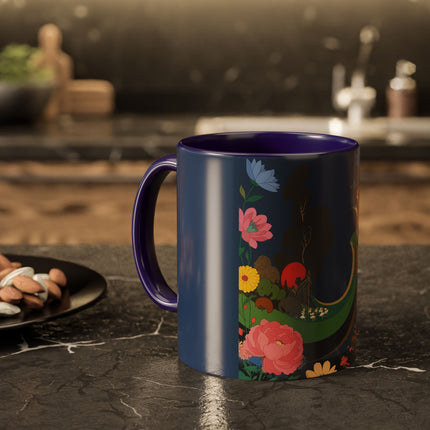 The Lady And The Crimson Moonbird Colorful Mugs – Art Deco Whimsical Garden Elegance