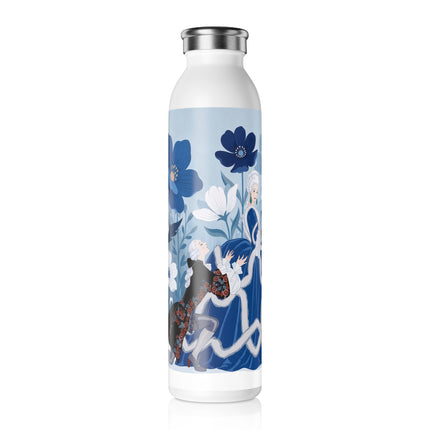 💙🌸 The Lady Of The Blue Flower Garden Slim Water Bottle – Art Deco Floral Romance