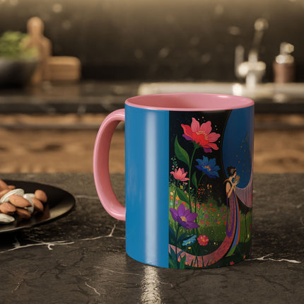 The Lady And The Moonlit Peak Colorful Mugs – Art Deco Alpine Garden Elegance
