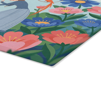 🌺🦜 The Lady Of The Enchanted Aviary Glass Cutting Board – Art Deco Floral Garden