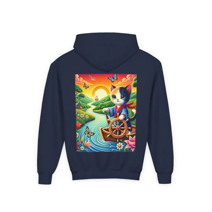 Sailor Kitten’s River Adventure Youth Hooded Sweatshirt – Playful Journey & Colorful Discovery