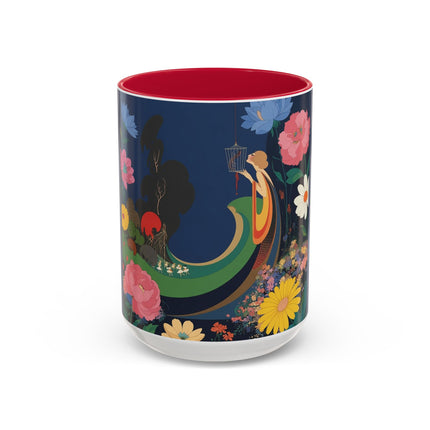 The Lady And The Crimson Moonbird Colorful Mugs – Art Deco Whimsical Garden Elegance