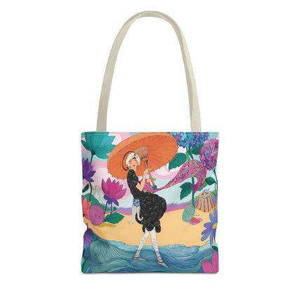 ☂️🌺 The Lady Of The Seaside Parasol Tote Bag – Art Deco Floral Fashion