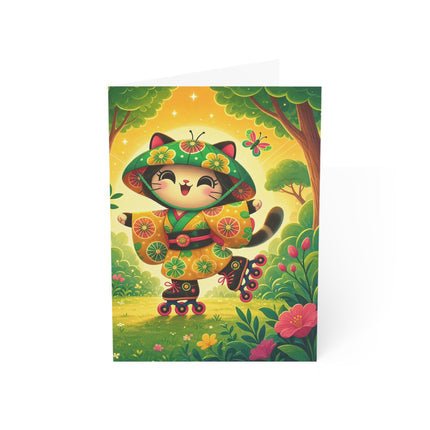 🛼🌼 The Roller-Skating Garden Kitten Greeting Card – Whimsical Woodland Adventure