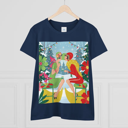☕❄️ Christmas Tea In The Snow Garden Cotton Tee – Art Deco Holiday Friendship