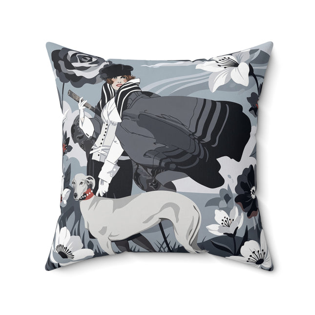 🖤🐕 The Greyhound Floral Promenade Square Pillow – Art Deco Monochrome Fashion