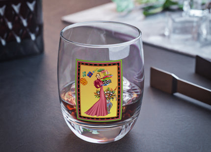 Elegant Holiday Woman with Gifts Whiskey Glass