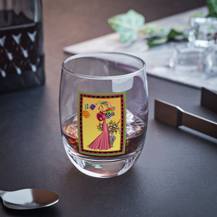 Elegant Holiday Woman with Gifts Whiskey Glass