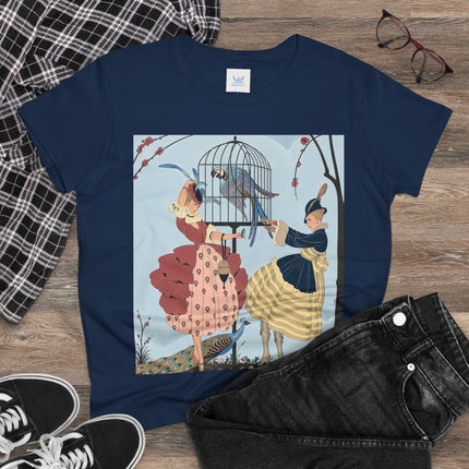 🦚🦜 The Ladies Of The Garden Aviary Cotton Tee – Art Deco Bird Fantasy