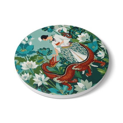 🐉🌿 The Dragon Keeper Ceramic Coaster – Art Deco Floral Fantasy