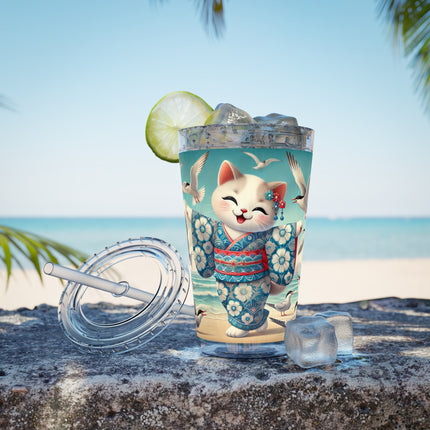 Geisha Kitten by the Seaside Sunsplash Tumbler with Straw, 16oz