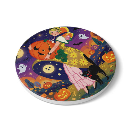 🎃🐈‍⬛ The Pumpkin Moon Embrace Ceramic Coaster – Whimsical Halloween Charm