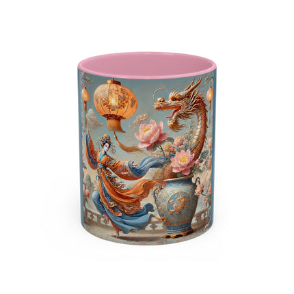 Golden Dragon & Lantern Lady Colorful Mug – Imperial Dragon & Elegant Harmony