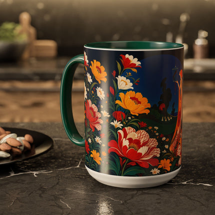 🌺🐦 The Enchanted Birdcage Garden Colorful Mug – Art Deco Floral Fantasy