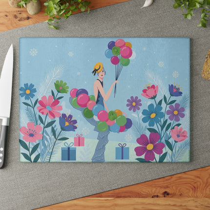 🎈❄️ The Lady Of The Winter Balloon Garden Glass Cutting Board – Art Deco Holiday Fantasy