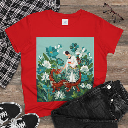 🐉🌿 The Dragon Keeper Cotton Tee – Art Deco Floral Fantasy