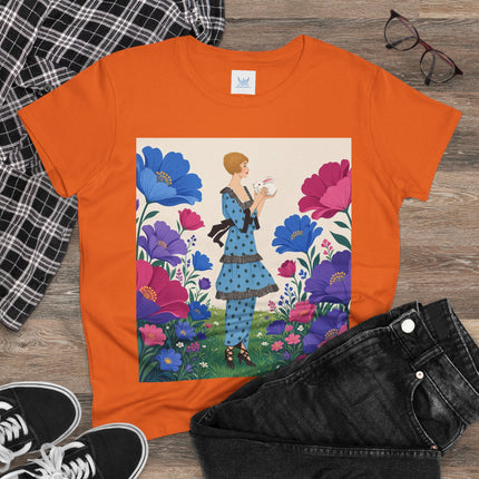 🐇🌺 The Little Rabbit Garden Cotton Tee – Art Deco Floral Whimsy