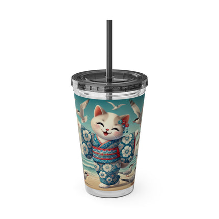 Geisha Kitten by the Seaside Sunsplash Tumbler with Straw, 16oz
