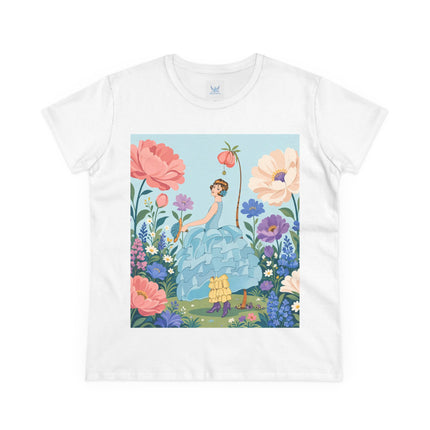 🌸🩵 The Blue Ruffle Garden Cotton Tee – Art Deco Floral Whimsy