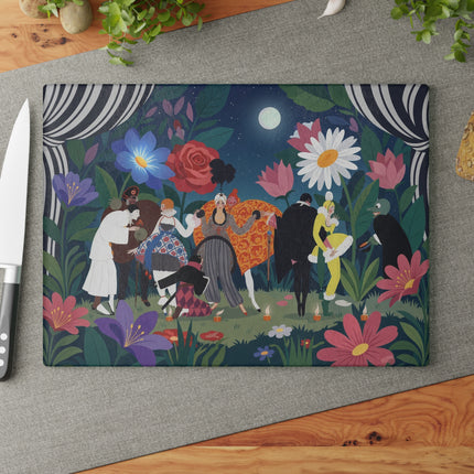 🌙🌺 The Midnight Garden Masquerade Glass Cutting Board – Art Deco Floral Fantasy