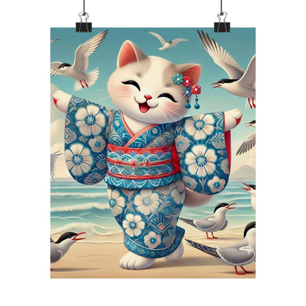 🌊🐱 Geisha Kitten by the Seaside Matte Vertical Poster – Coastal Charm & Ocean Breeze