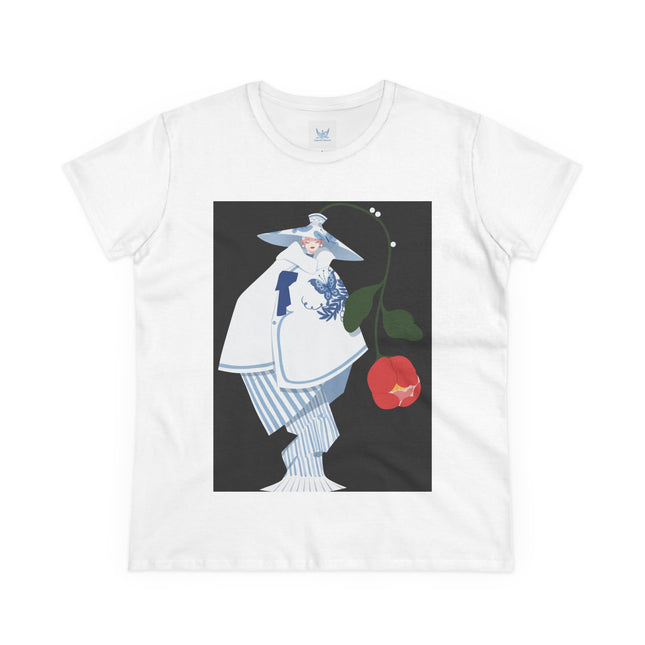 Blue & White Porcelain Geisha Women's Midweight Cotton Tee – Refined Elegance & Timeless Charm