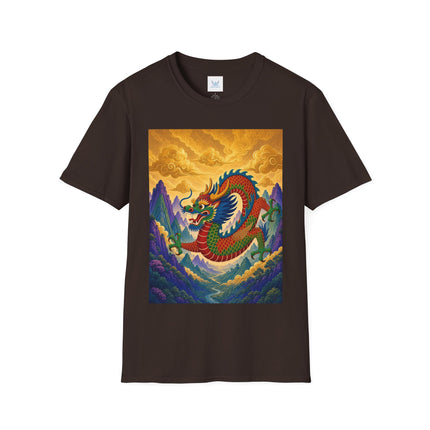 🐉🌄 The Golden Sky Dragon Softstyle T-Shirt – Mystical Mountain Fantasy