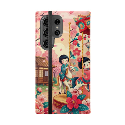 🎠🌸 Geisha Kitten's Enchanted Carousel Flip Case – Whimsical Dreams & Cherry Blossom Magic