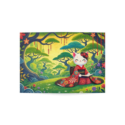 📖🌺 The Enchanted Garden Reader Kitten Greeting Card – Whimsical Japanese Garden