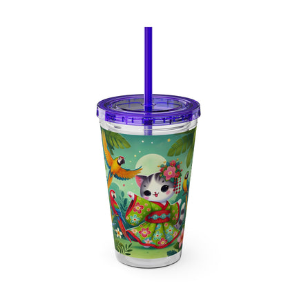 Parrot Dance of the Geisha Kitten Sunsplash Tumbler with Straw, 16oz