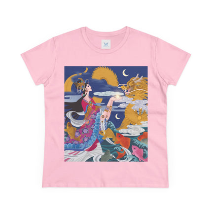 Dragon Pearl Offering Women's Midweight Cotton Tee – Mystical Fantasy & Golden Grace