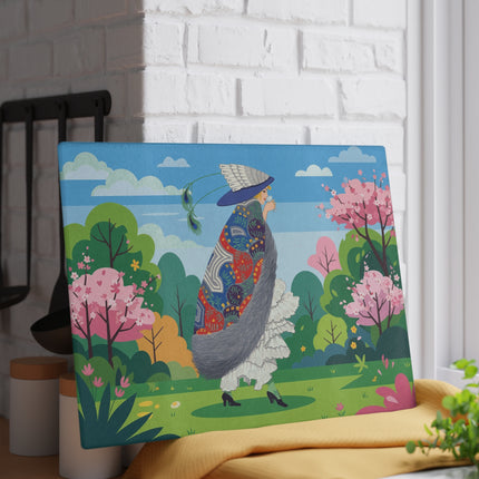 🦚🌸 The Peacock Garden Stroll Glass Cutting Board – Art Deco Fashion Elegance