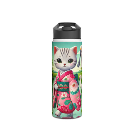 Geisha Kitten Strolls Among the Spoonbills Stainless Steel Water Bottle, Standard Lid