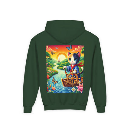 Sailor Kitten’s River Adventure Youth Hooded Sweatshirt – Playful Journey & Colorful Discovery