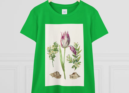 Tulip flower with Two Branches of Myrtle and Shells Cotton Tee