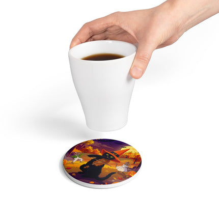 🐈‍⬛🎻 The Black Cat’s Moonlit Melody Ceramic Coaster – Whimsical Halloween Music
