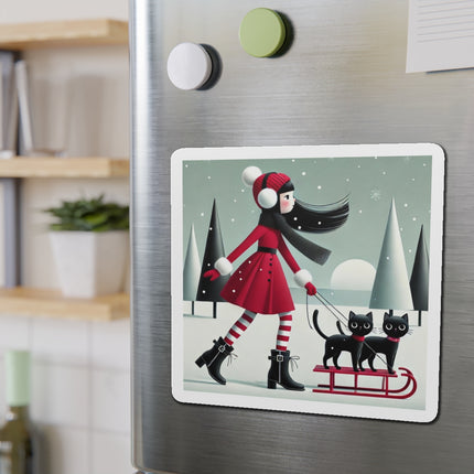 Red Sled & Curious Cats Die-Cut Magnets (5 Sizes)